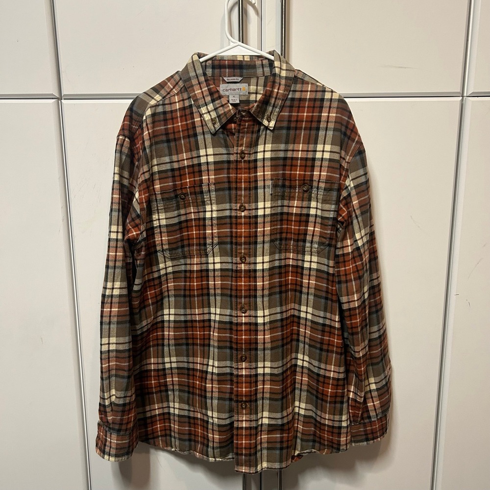 Carhartt Mens Relaxed Fit Plaid Flannel Shirt XL Orange Brown 102217 235